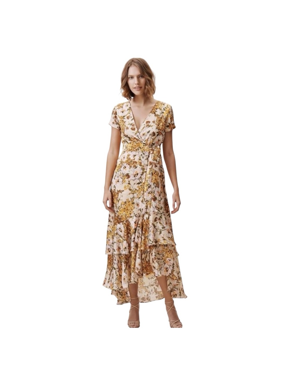 Anthropology Von Floral Batara Wrap Maxi Dress Short Sleeves Ruffle Hemline 8
